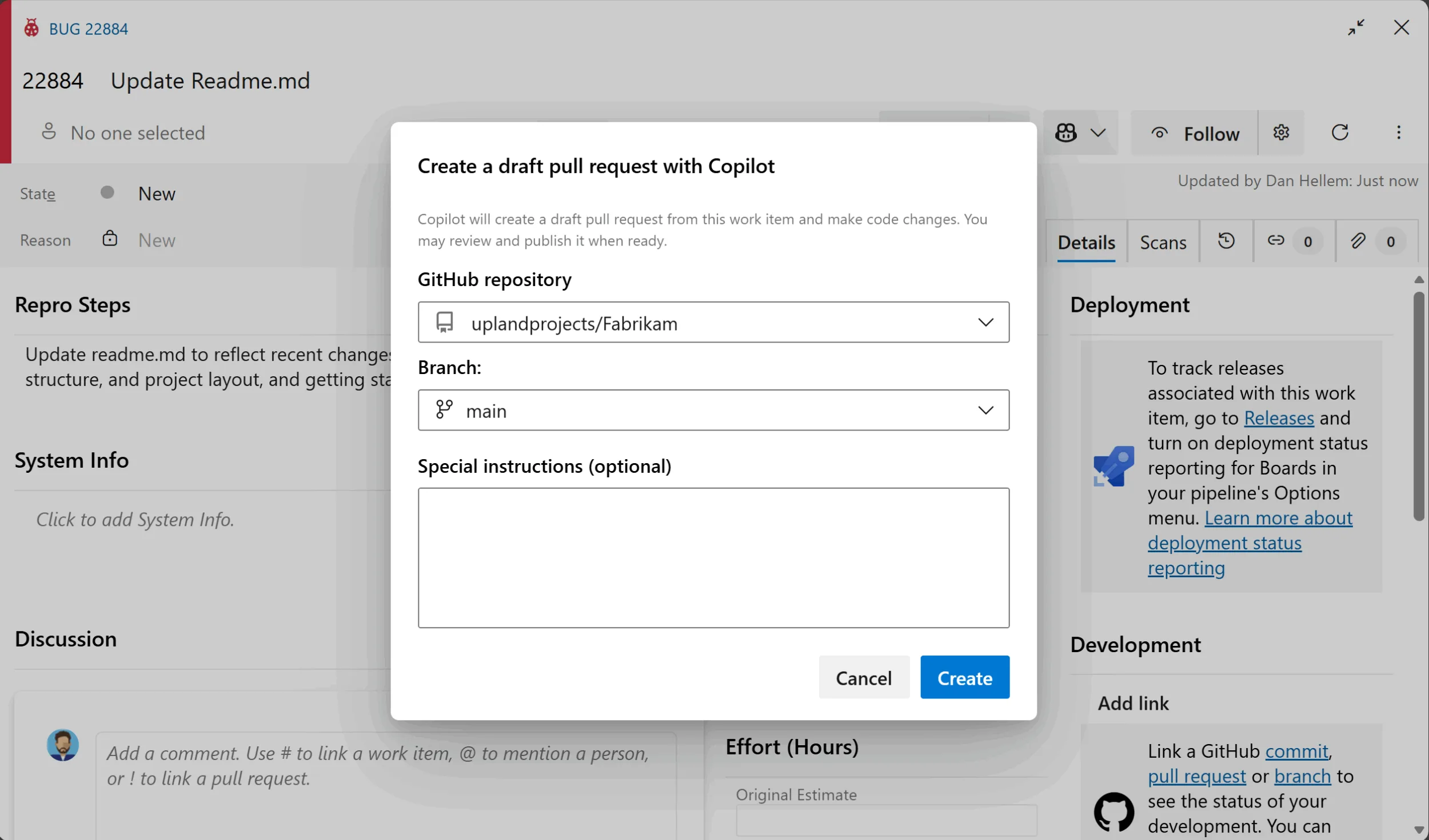 Screenshot for create draft PR from work item.. Screenshot for create draft PR from work item.