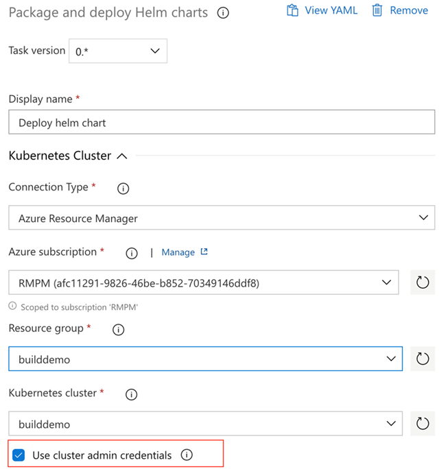 Package and deploy Helm charts showing the use cluster admin credentials checkbox Screenshot of Package and deploy Helm charts showing the use cluster admin credentials checkbox.