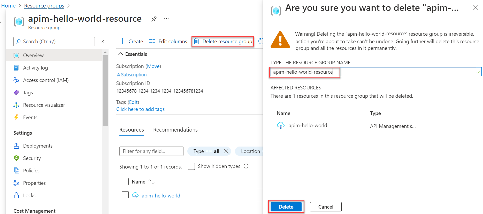 Screenshot showing the button to delete your resource group.