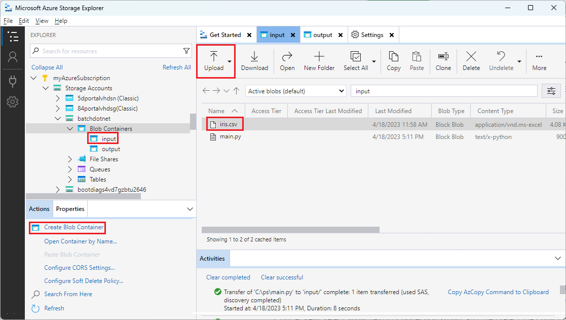 Screenshot of Storage Explorer with containers and blobs created in the storage account.