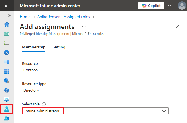 Screenshot that shows assigning the Microsoft Intune Administrator role.