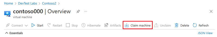 Screenshot of Claim machine on the VM's Overview page.