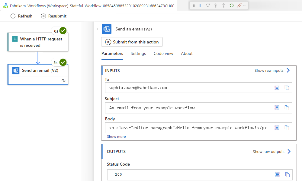 Screenshot shows status for each step in workflow plus inputs and outputs in expanded action named Send an email.