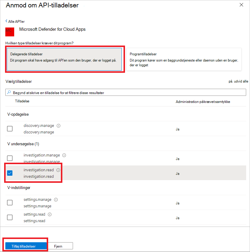 Skærmbillede, der viser, hvordan du tilføjer programtilladelser.