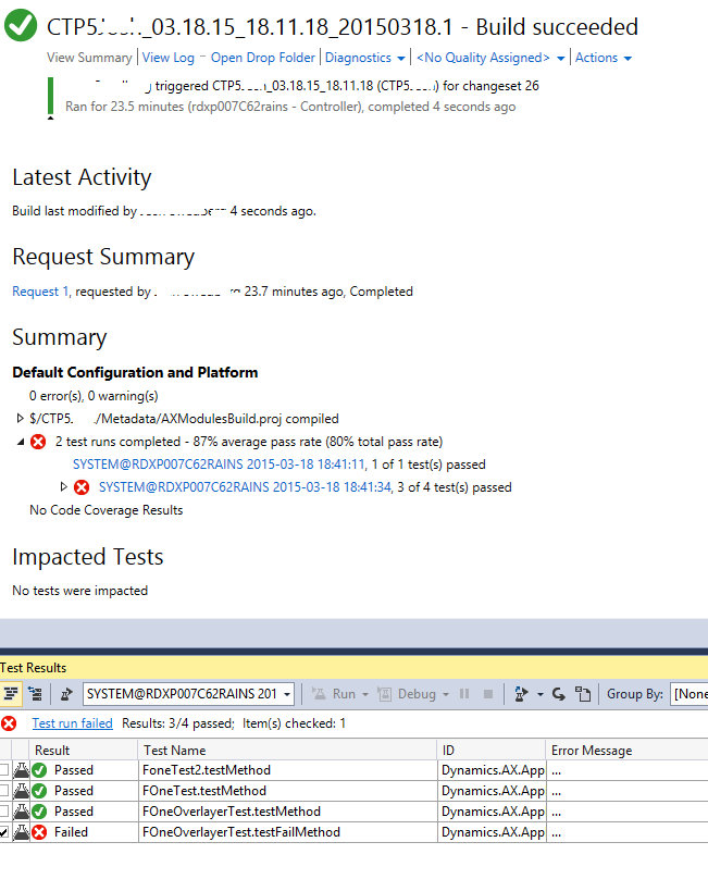 Screenshot of build and test execution as part of Visual Studio Codespace.