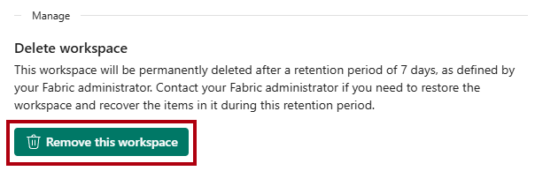 Skærmbillede af indstillingspanelet Workspace, hvor knappen Fjern dette arbejdsområde fremhæves.