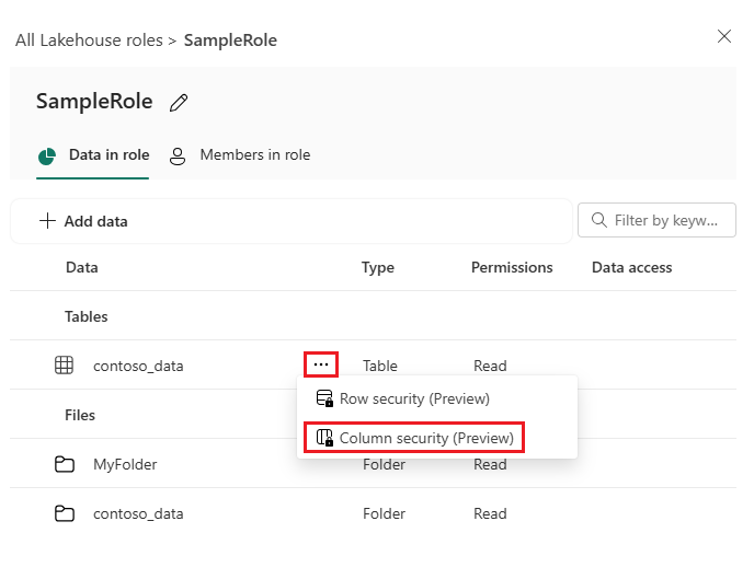 Skærmbillede, der viser, hvordan du vælger 'kolonnesikkerhed' for at redigere tilladelser til en tabel.