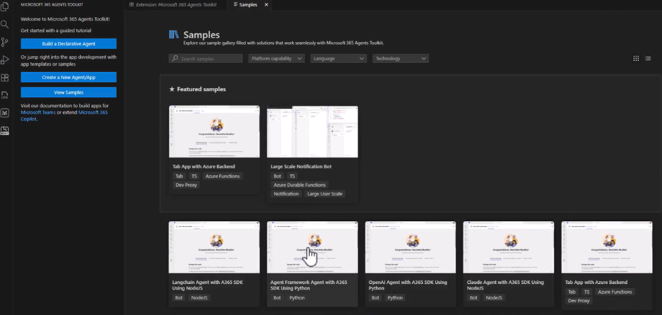 Skærmbillede af velkomstvisning af Værktøjspakke med indstillingerne Opret en deklarativ agent, Opret en ny agent eller app og Vis eksempler.