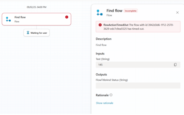 Skærmbillede af timeoutadvarsel for agentflow.