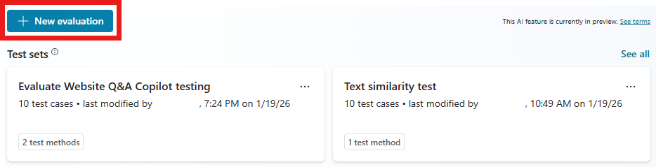Skærmbillede, der viser knappen Opret ny test på Evalueringssiden.