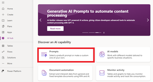 Skærmbillede af valg af prompts i AI-hub.