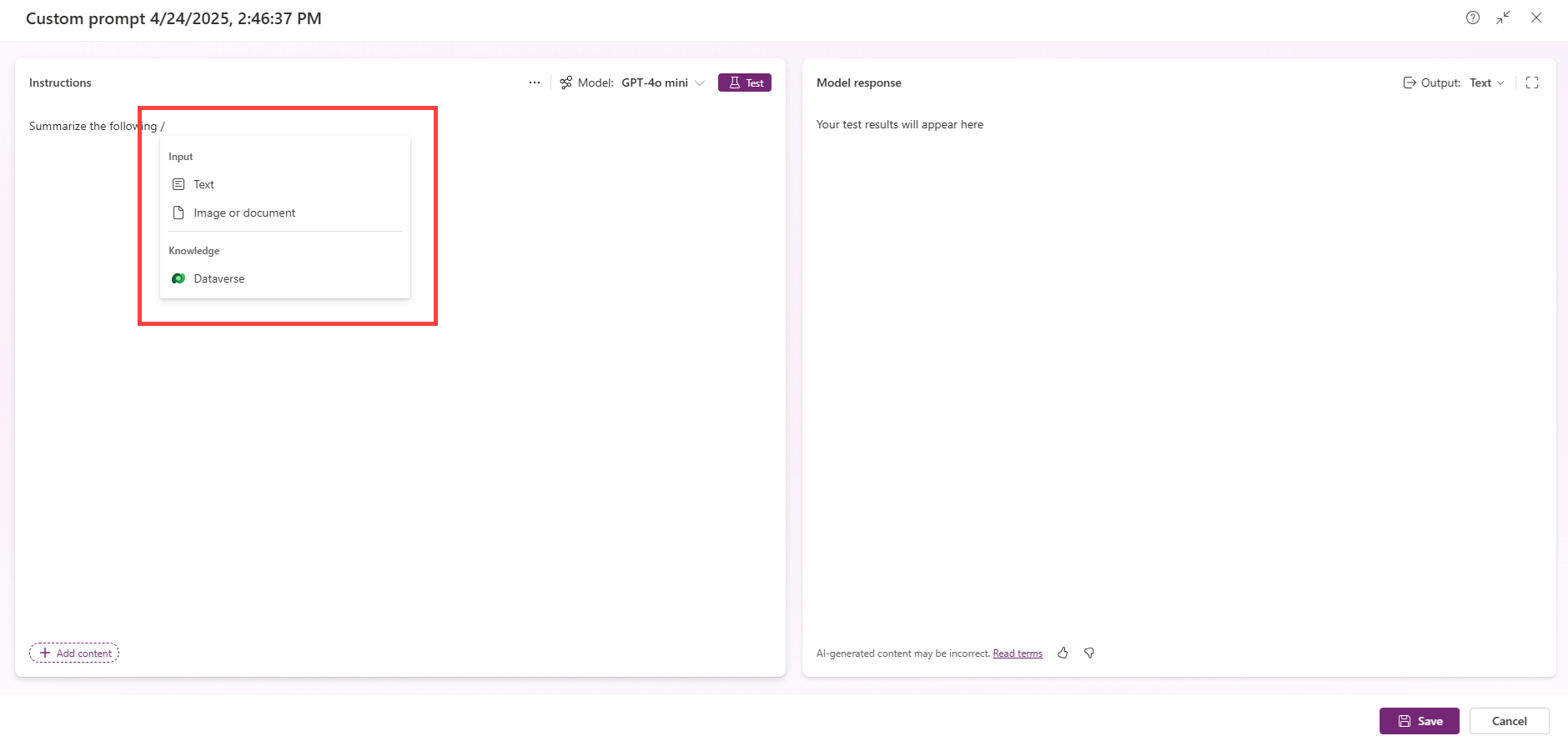 Skærmbillede af handlingen 'Tilføj input'.