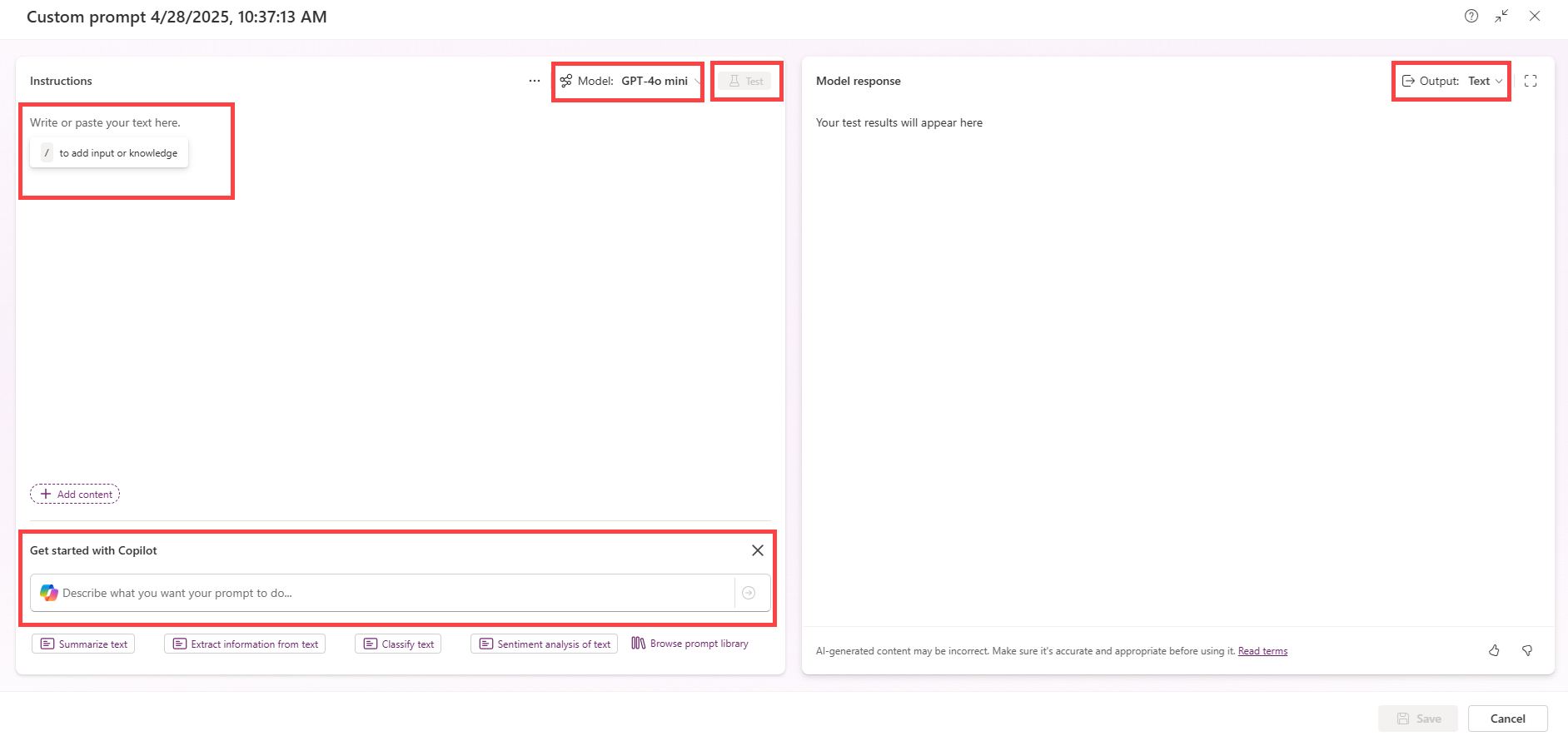 Skærmbillede af de felter, du udfylder for at oprette en brugerdefineret prompt.