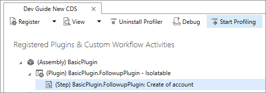 Screenshot of a plug-in step selected in Plug-in Registration Tool with Start Profiling command available.