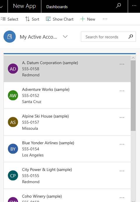 Kontokortformular for visningen Mine aktive konti.