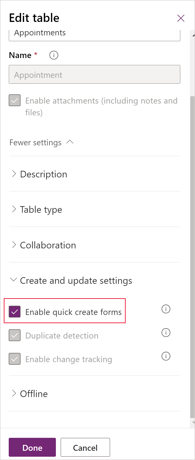 Egenskaben Tillad hurtig oprettelse i aftaletabel