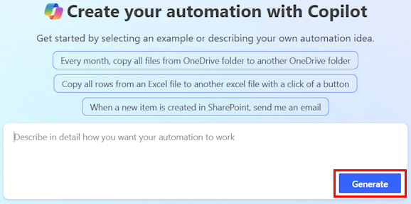 Skærmbillede af oplevelsen med den uklare prompt, hvor du kan fortsætte med at opbygge flowet med Copilot.