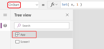 Skærmbillede af det App-objekt, der er valgt i ruden Trævisning. Ruden Egenskaber er synlig.