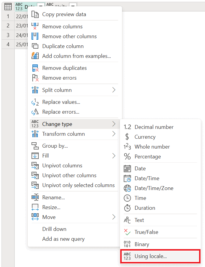 Skærmbillede af indstillingen brug af landestandard i genvejsmenuen for kolonnen.