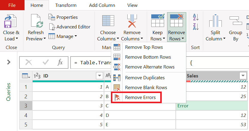 Skærmbillede af knappen Fjern fejl under fanen Hjem.