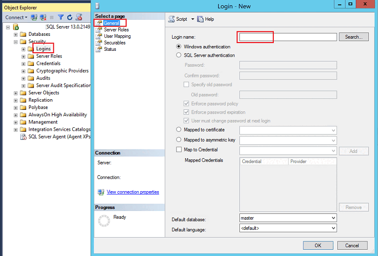 Screenshot of the Login - New dialog. The Login name box is highlighted.