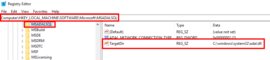 Screenshot of the registry key for adal.dll.