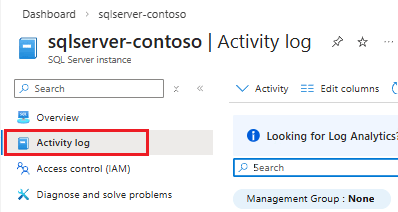 Screenshot of the activity log highlighted for a SQL Server instance resource in the Azure portal.