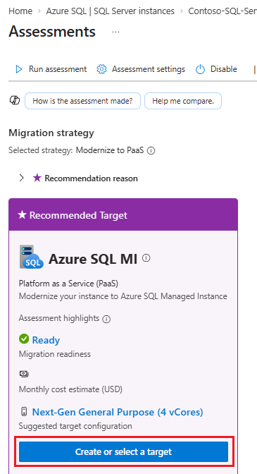 Screenshot that shows the Assessments pane in the Azure portal, with Create target highlighted.