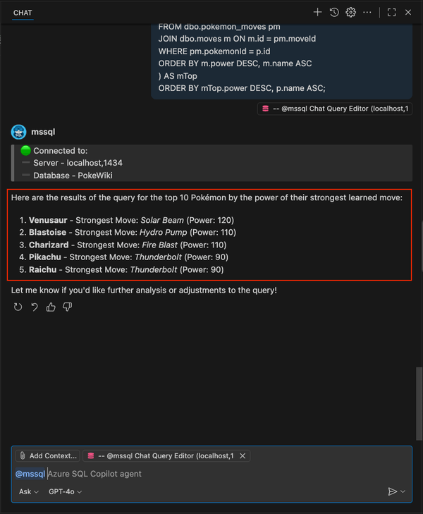 Screenshot showing the /runQuery slash command results for top powerful Pokémon.