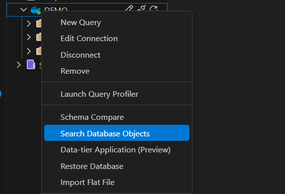 Screenshot of the Search Database Objects option in the Object Explorer context menu.