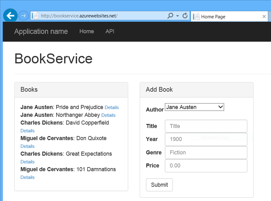 Screenshot des Browserfensters mit der neu bereitgestellten Book Service-Website und einer Liste von Büchern und Autoren mit Links zu Details.