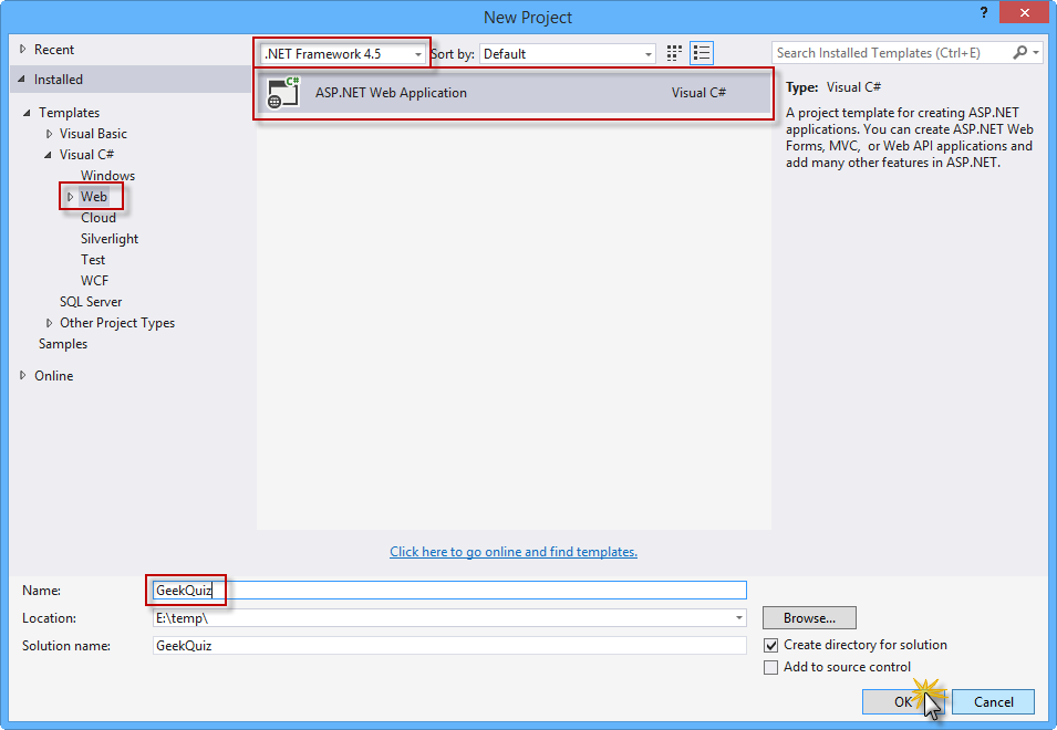 Erstellen eines neuen ASP.NET Webanwendungsprojekts Erstellen