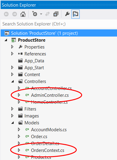Screenshot der Projektansicht im Projektmappen-Explorer. AdminController dot c s und OrdersContext dot c s sind hervorgehoben.
