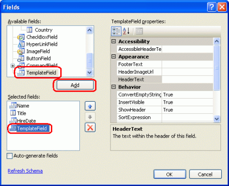 Hinzufügen eines neuen TemplateFields zur GridView