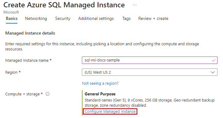 Screenshot der Seite zum Erstellen einer Azure SQL Managed Instance mit der ausgewählten Option Verwaltete Instanz konfigurieren.