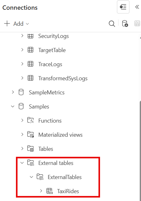 Screenshot mit externer Tabelle in Azure Data Explorer Web UI.