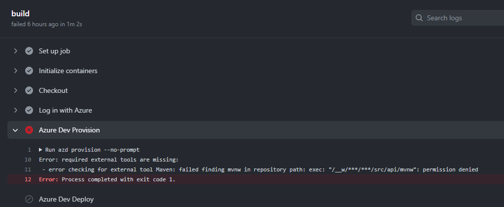 Ein Screenshot zeigt den Fehler, der beim Ausführen von azd pipeline config mit AzDo for Java unter Windows auftritt.