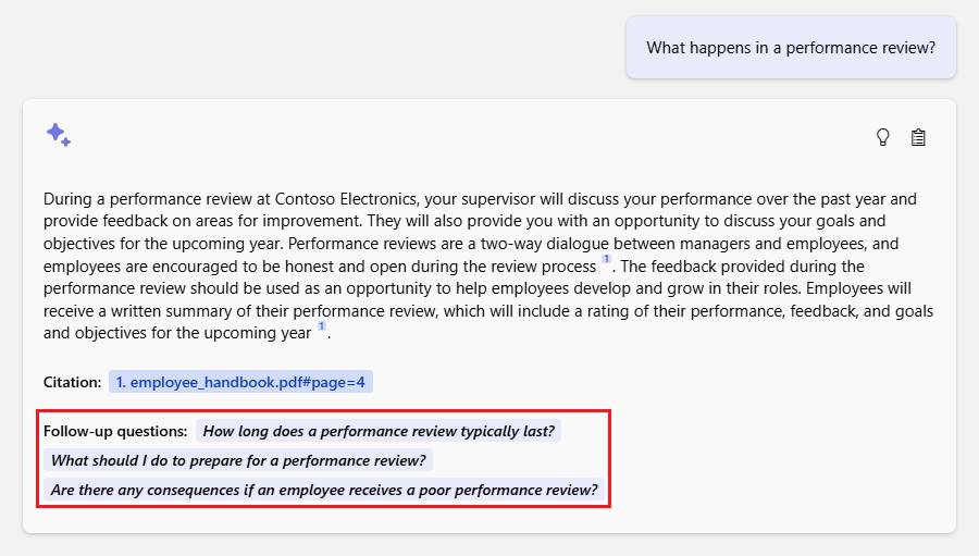 Screenshot, der zeigt, wie die Chat-App nach der Antwort vorgeschlagene Nachverfolgungsfragen bereitstellt.