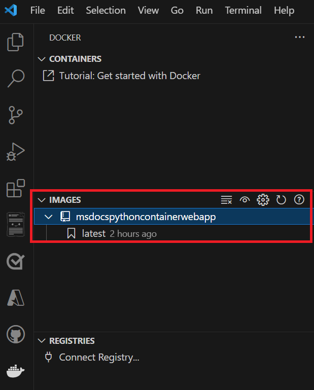 Screenshot, der zeigt, wie Das integrierte Bild in Visual Studio Code bestätigt wird.