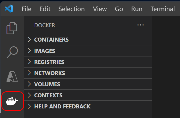 Screenshot, der zeigt, wie die Docker-Erweiterung in Visual Studio Code geöffnet wird.