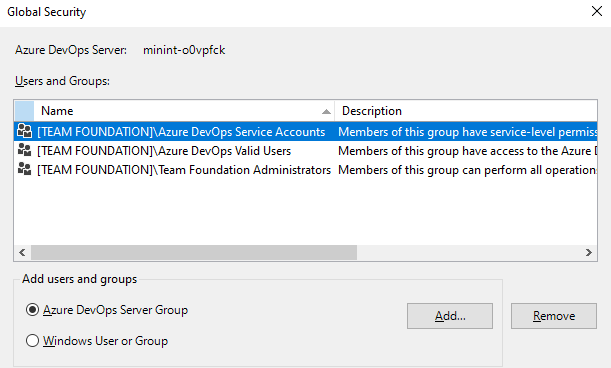 Screenshot des Dialogfelds Azure DevOps Sicherheitsgruppe.