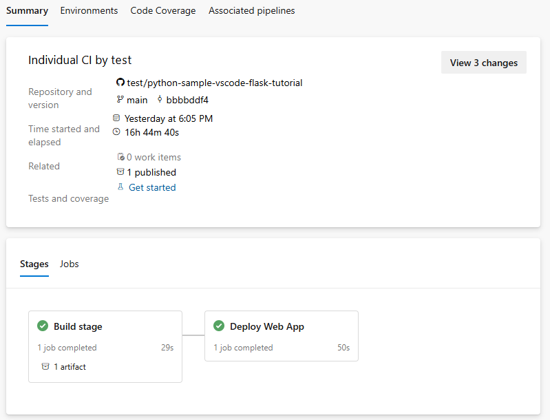 Screenshot der Pipeline-Ausführung in der Zusammenfassung der Phasen.
