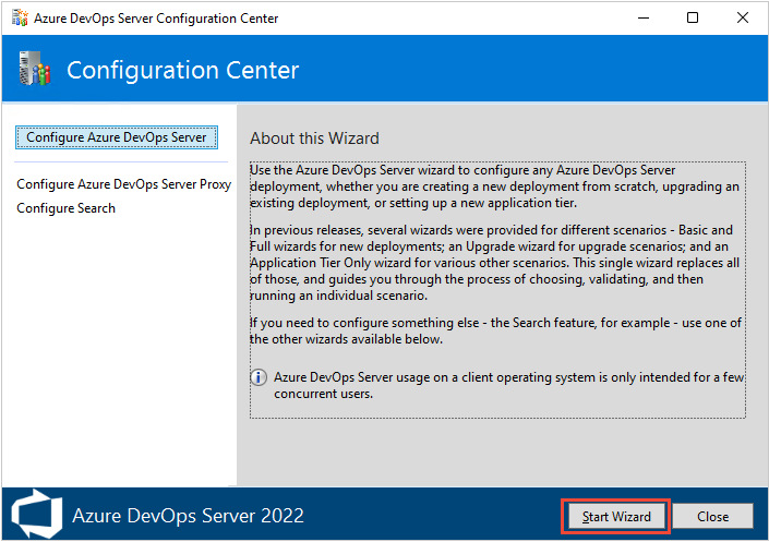Screenshot von Konfigurationscenter, Start-Assistent, Azure DevOps Server 2022.