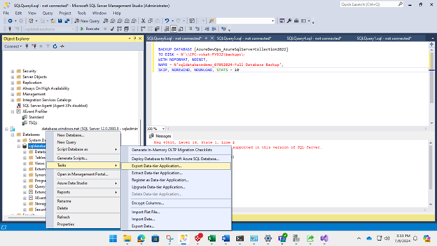 Screenshot zeigt Schaltflächen, die für die Auswahl der Export Data Tier Application hervorgehoben sind.
