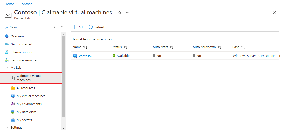 Screenshot der Seite „Abrufbare VMs“ des Labs