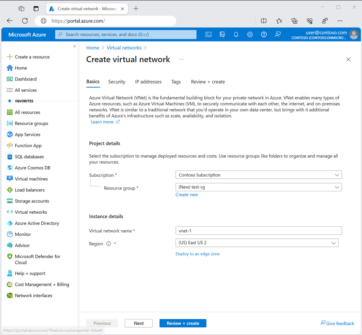 Screenshot der Registerkarte „Grundlagen“ auf der Seite „Virtuelles Netzwerk erstellen“ im Azure-Portal.