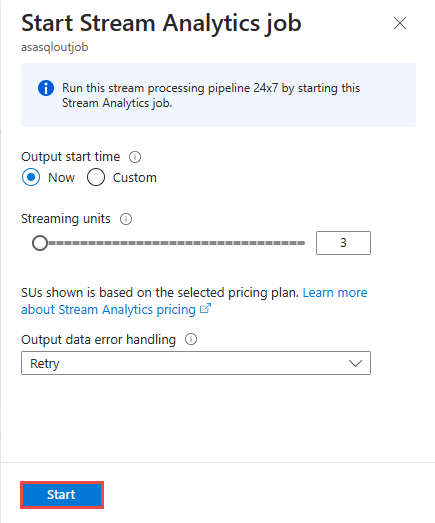 Screenshot: Optionen zum Starten des Stream Analytics-Auftrags, in denen Sie die Ausgabezeit ändern, die Anzahl von Streamingeinheiten festlegen und die Fehlerbehandlung für Ausgabedaten auswählen können