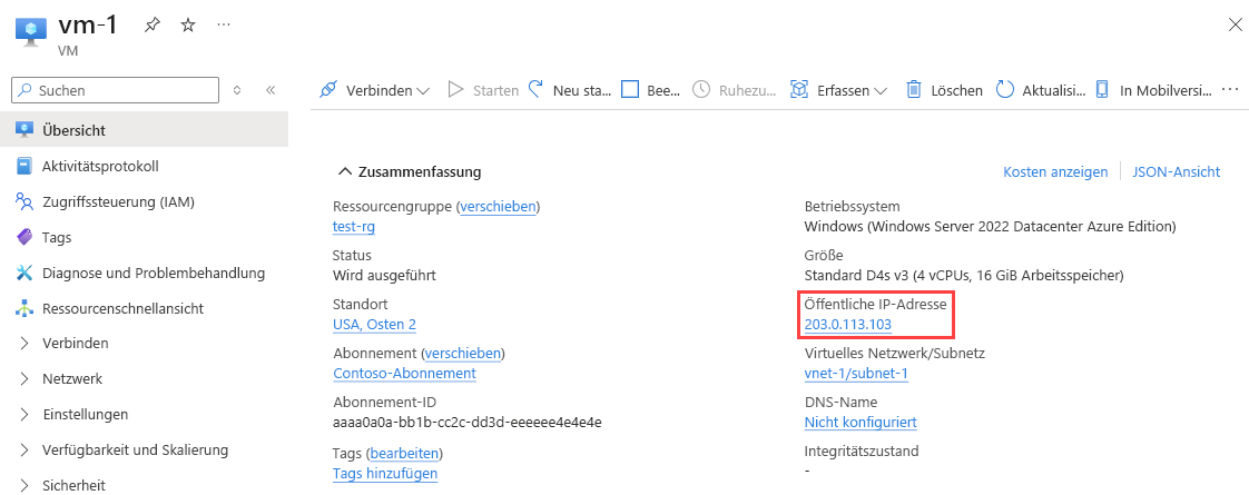 Screenshot der öffentlichen IP-Adresse einer VM auf der Übersichtsseite