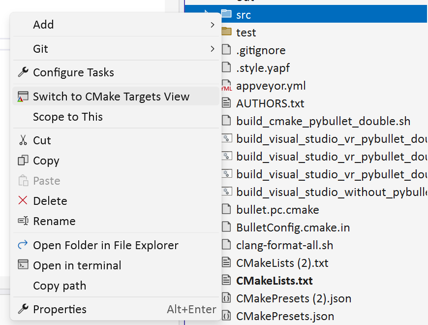 Ein Screenshot eines Rechtsklicks auf eine Datei oder einen Ordner im Projektmappen-Explorer. Das Kontextmenüelement zum Wechseln zur CMake-Zielansicht ist sichtbar.