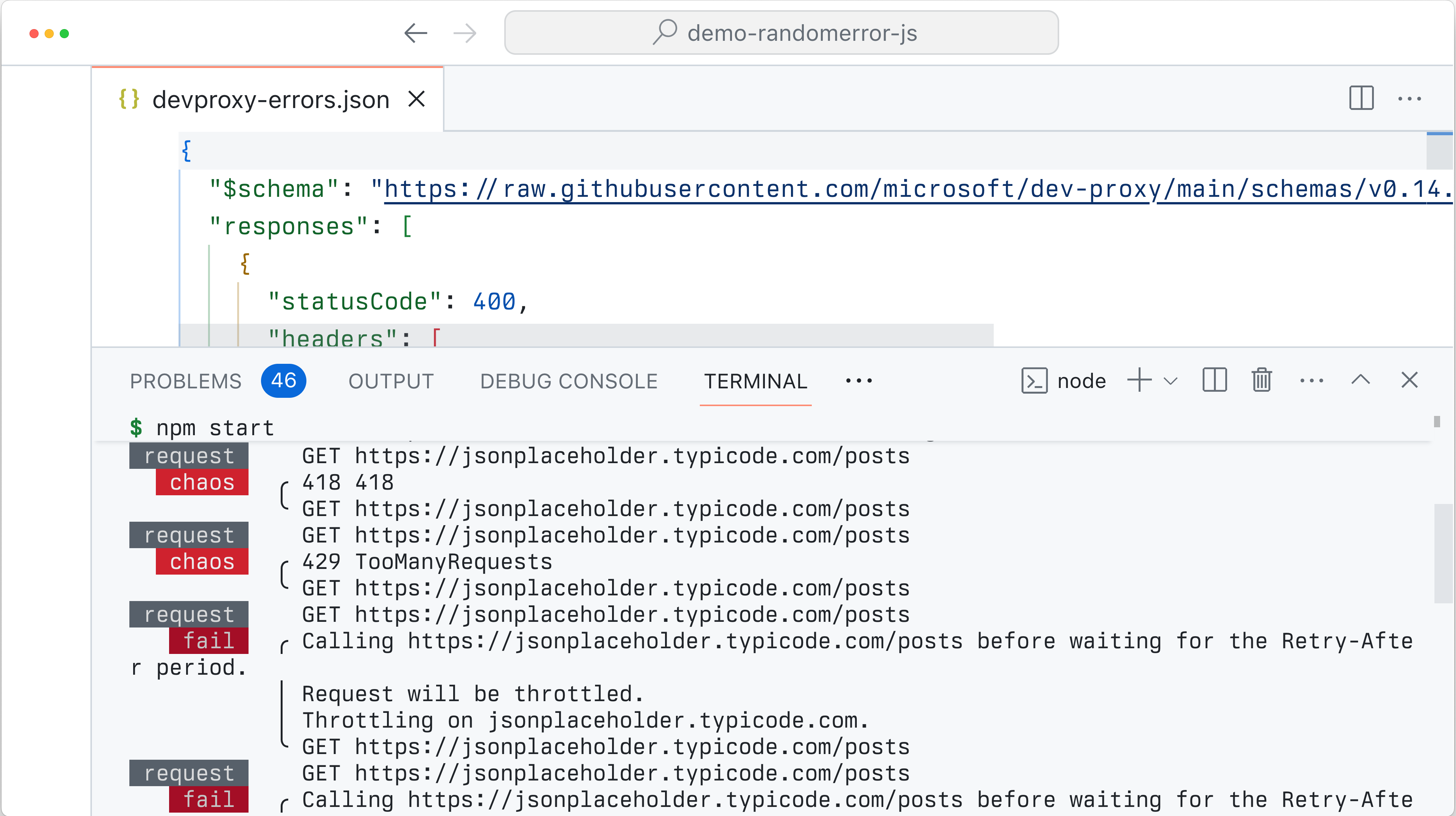 Screenshot von VS Code mit geöffneter Eingabeaufforderung mit fehlern, die von Dev Proxy simuliert wurden.